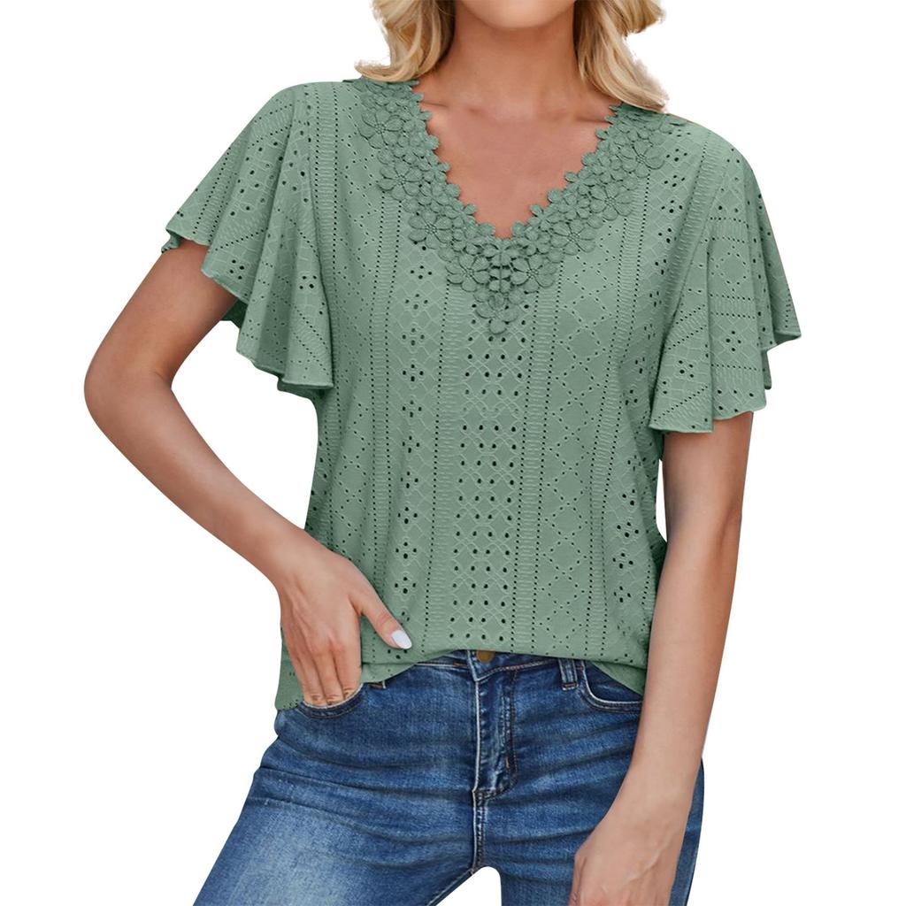 Damska, codzienna, modna, seksowna, koronkowa koszulka z dekoltem w serek i falbaniastymi rękawami w jednolitym kolorze