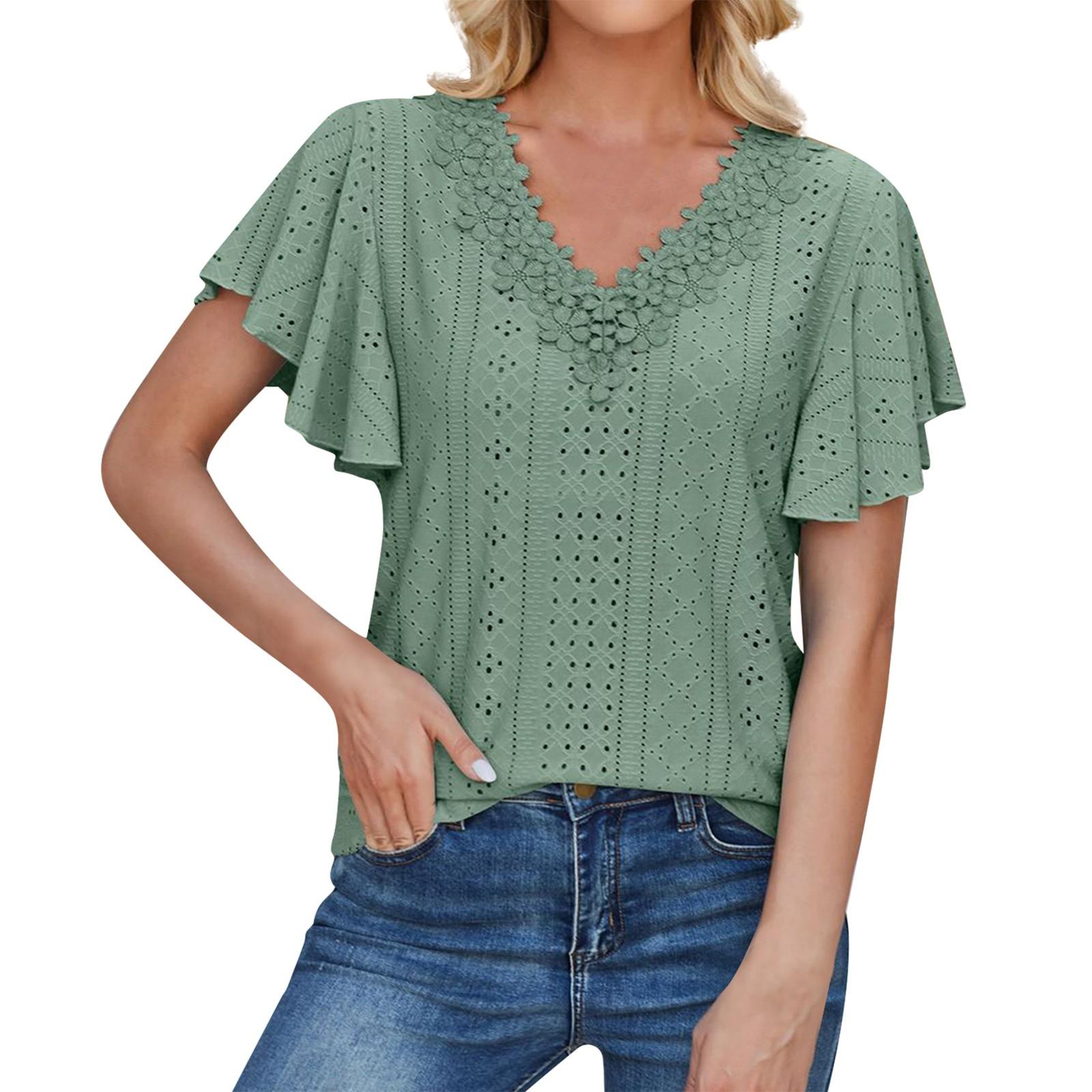 

Женская повседневная модная сексуальная кружевная однотонная футболка с v-образным вырезом и рюшами на рукавах L