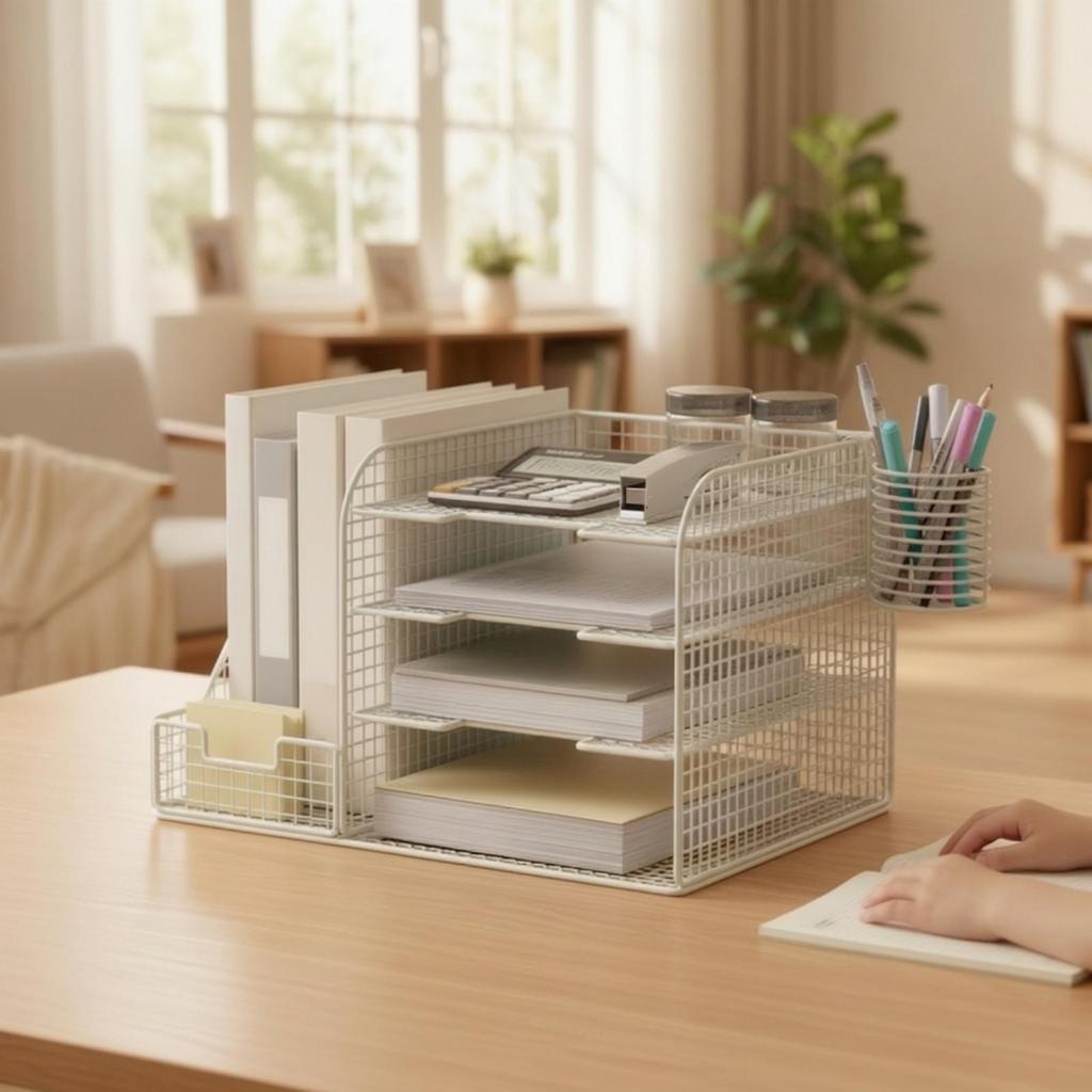 Desktop File Organizer with Pen Holders Wire Paper Sorter Metal for Office