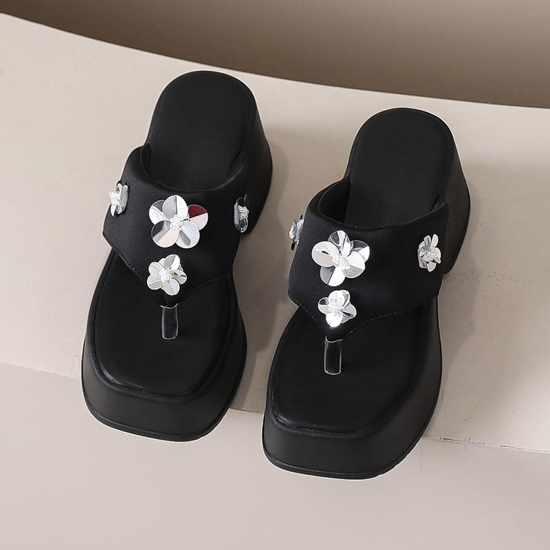 2025 Spring and Summer New European and American Style Fashion Waterproof Heel Shoes Square Head Open-toed Muffin Thick-soled One-word Slippers Women