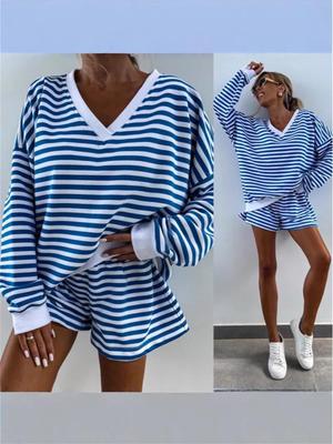 Conjunto de 2 Peças Feminino de Verão com Listras e Decote V - Top e Shorts