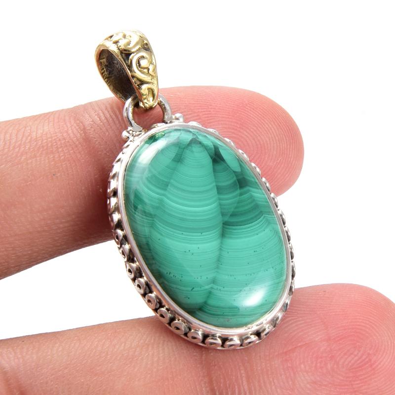 Natural Malachite Gemstone 925 Sterling Silver Gift Two Tone Pendant 1.5'' V9c84