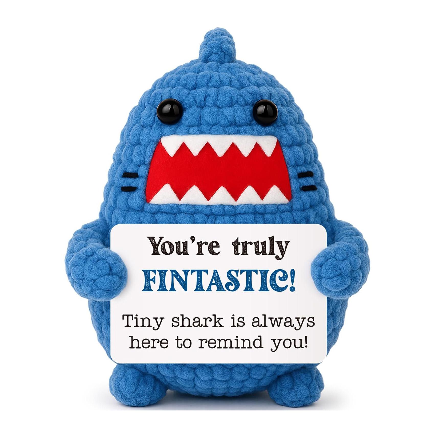 

Funny Positive Crochet Shark Doll Desktop Ornament Handmade Cheer Emotional Support Positive Shark with Card Home Party Decor