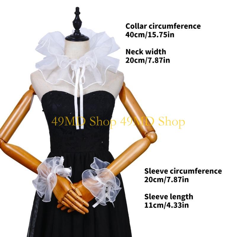 49MD Tie Collar Cosplay Ruffled Elizabethan Wrist Cuffs Medieval Cosplay Drama Play Decorative Shirt Dress Collar