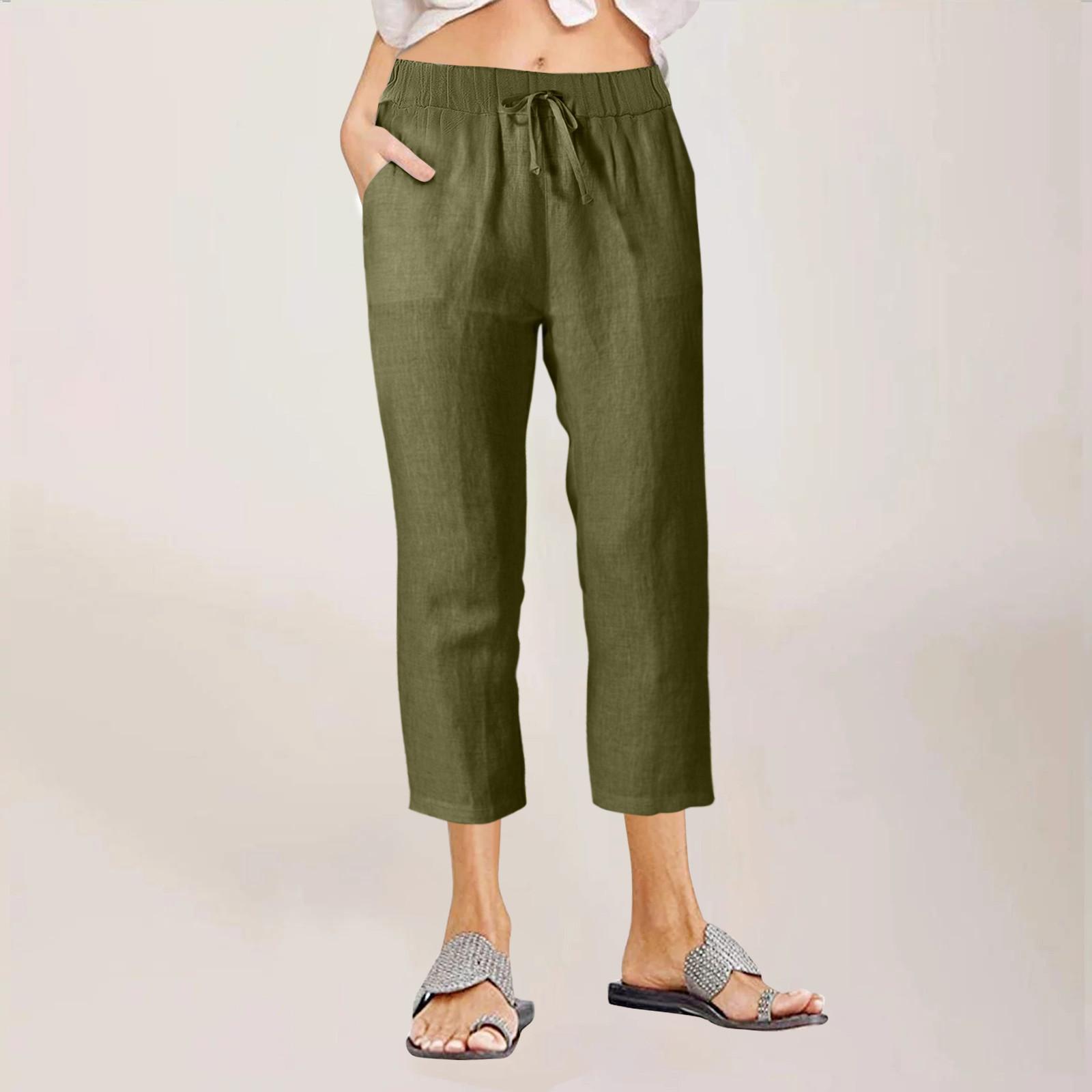 

Женские летние повседневные льняные брюки с эластичной резинкой на талии, свободные прямые брюки с девятью точками, пляжные брюки с карманами XXL армия зеленый