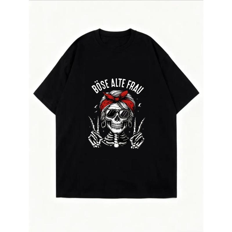 White Oversized T Shirt With Skull And Red Bandana Print And Bose Alte Frau Text For Casual Wear