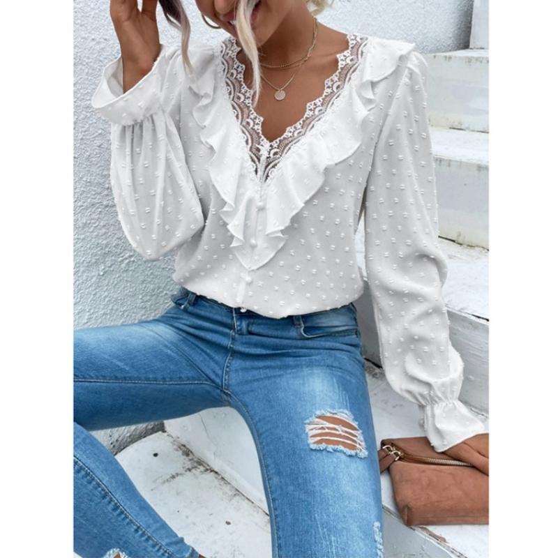 Spring New Elegant Lace Splicing Jacquard Shirt Long Sleeved White Sweet Women Blouse Ruffled Loose Tops Fashion Dots Simple Clothing