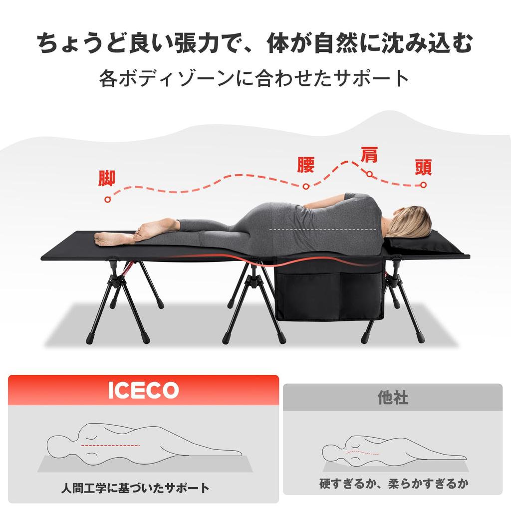Wide Cot ICECO Cot Camping Bed Load Capacity Quiet High Density 1000D Polyester A7075 Aluminum Alloy Easy To Compact Disaster Home Storage Bag