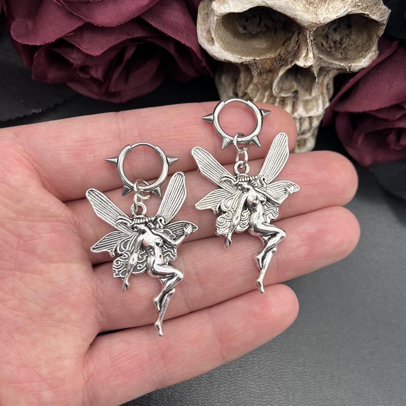 Punk Vintage Butterfly Fairy Angel Earrings Grunge Ladies Anime Jewelry Y2k Aesthetic Accessories Goth Gothic Accessories серебряный