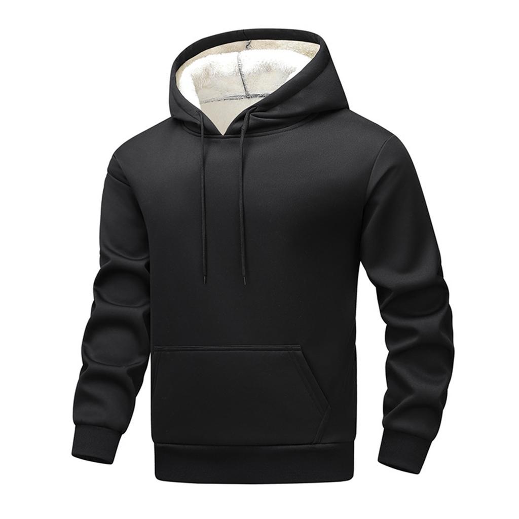 Men's Drawstring Pocket Solid Color Loose Warm Plus Fleece Casual Sports Hooded Sweatshirt