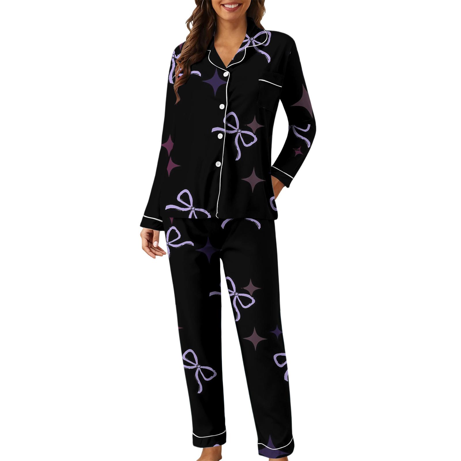 

Женский повседневный модный комплект для дома свободного кроя с принтом бантов, брюки с длинными рукавами XXL чёрный