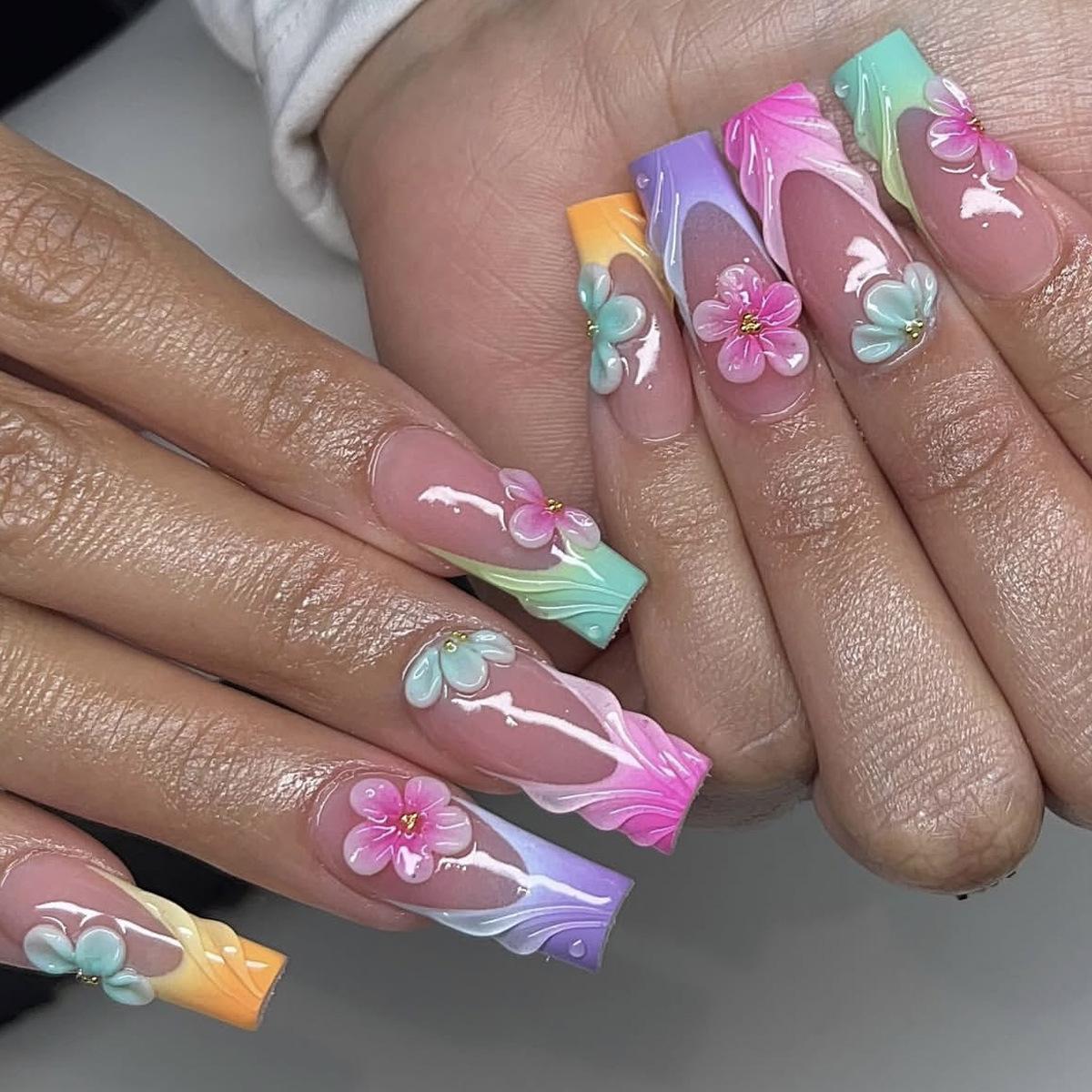 Light Pink 3D Floral Medium Length Wearable Handmade Painted False Nail Tips