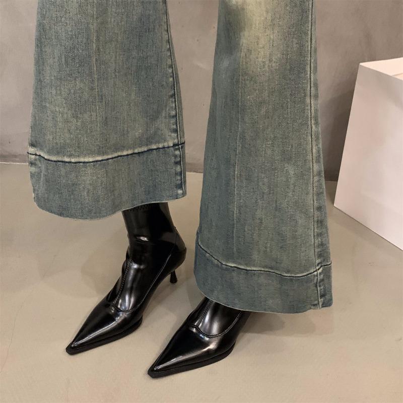 High heel pointed small short boots women's shoes new spring, autumn and winter velvet thin boots small ankle boots