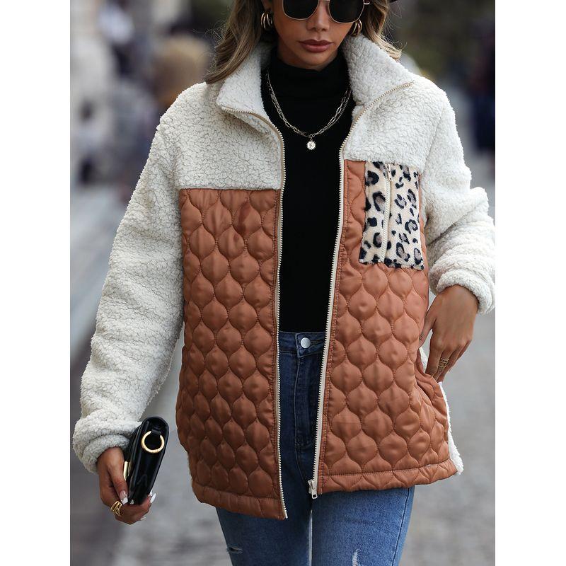 

2025 Свободная куртка с круглым вырезом, вставками и молнией, с животным принтом Coffee M