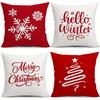 4Pcs Festive Christmas Throw Pillow Covers - Red & White Snowflake, "Hello Winter" "Merry Christmas" Designs, Polyester
