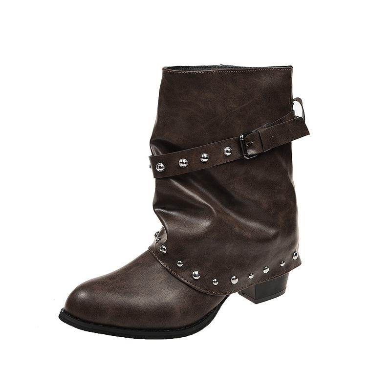 Pointed rivet short boots women's summer new black belt buckle stacking boots retro knight boots western style
