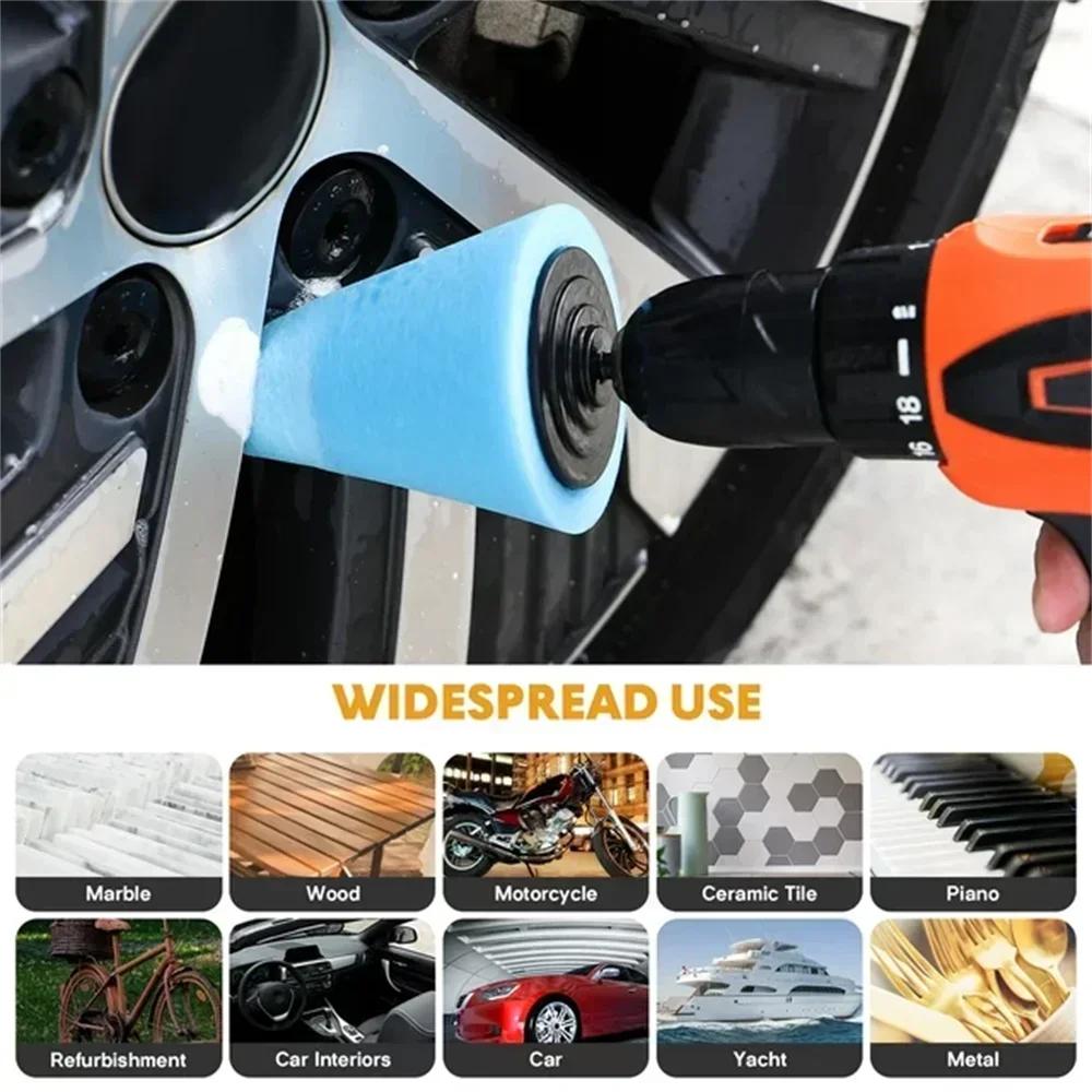Car Drill Polishing Sponge Pad Kit Hub Polishing Pads Metal Cone Polishing Ball for Rim Cleaning Automotive Detailing Care Tools