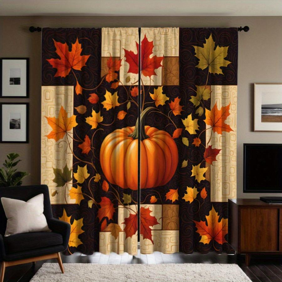 2 Pieces Autumn Pumpkin and Maple Leaf Print Curtains   Polyester Fabric   Suitable for Bedroom Living Room Decoration