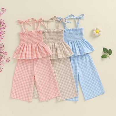 Girl Summer Outfit Plaid Tie-Up Spaghetti Strap Ruched Sleeveless Tank Tops and Loose Pants 2Pcs Children Sets