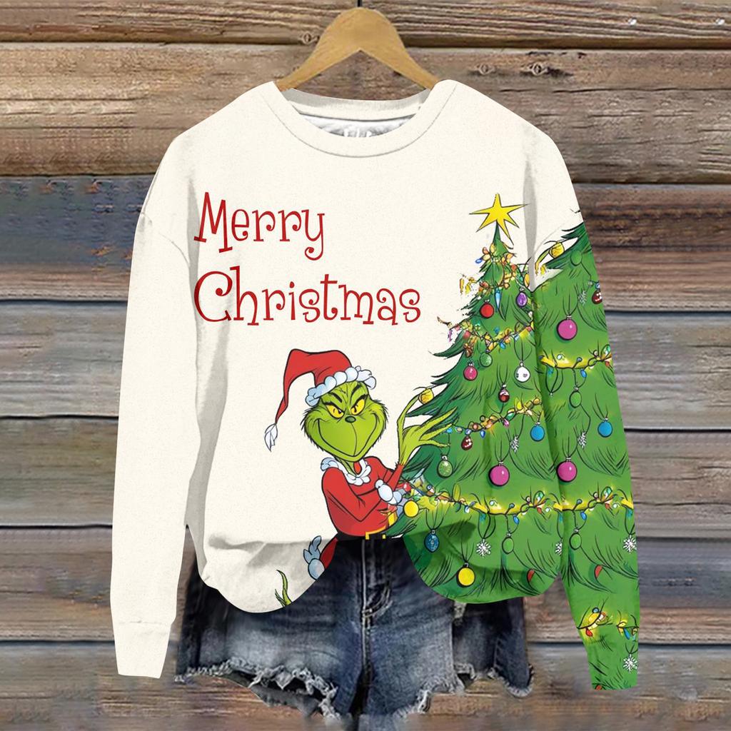 Ladies' Christmas Greentown Print Casual Long Sleeved Round Neck Sports Hoodie Top