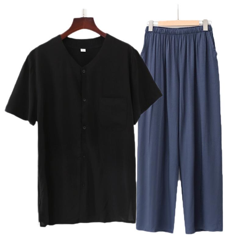 Cardigan manica corta in cotone e seta pigiama da uomo per mezza età e anziani pantaloni estivi sottili in cotone artificiale loungewear da uomo