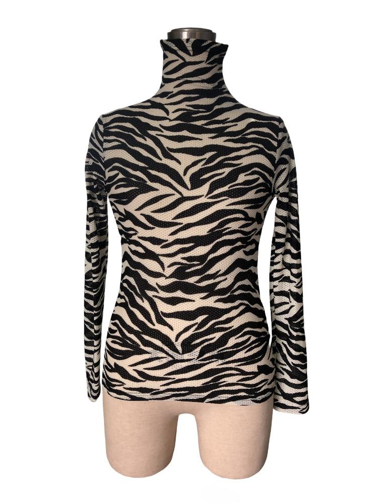 Women's Zebra Print High Neck Mesh Slim T-Shirt Tops for Women Versatile Closet Essential Fashion Items Shirt