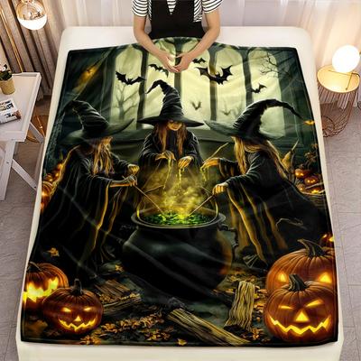 Halloween Witches Brewing Potion Fleece Spooky Theme Flannel Throw Blanket for Halloween Party Decor Witch CauldronPumpkinDesign