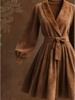 2026 Camel Suede Lapel Lace-up Short Coat Dress - European & American Retro Bathrobe Style