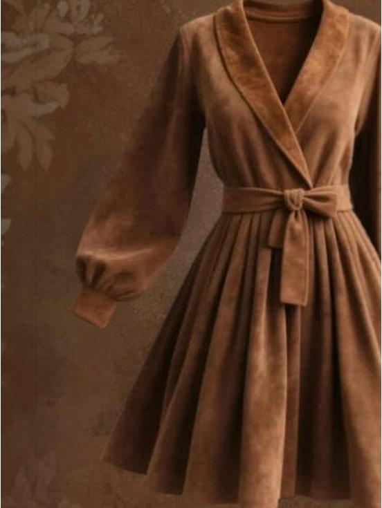 2026 Camel Suede Lapel Lace-up Short Coat Dress - European & American Retro Bathrobe Style