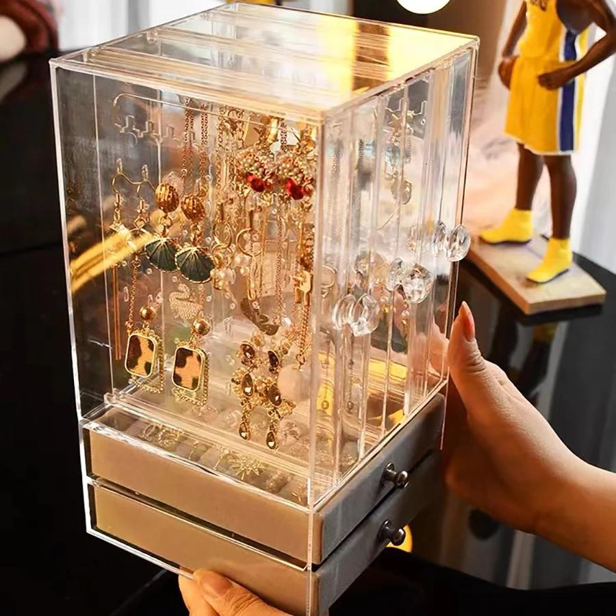 A clear earring and necklace display case, vintage plastic storage case with drawers for bracelets, rings and accessories
