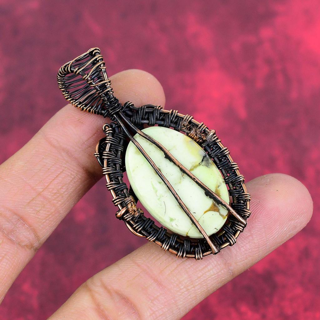 Lemon Chrysoprase Pendant Copper Wire Wrapped Pendant Handmade Pendant Wire Weaving Jewelry Gemstone Pendant Anniversary Gift Copper Jewelry