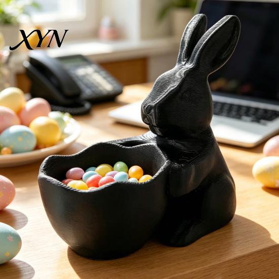 Bunny Holding Bowl 3D Printed Easter Candy Bowl, Cute Rabbit Figurine, DIY Paintable White Desk Decor for Living Room Office, Versatile Trinket Holder