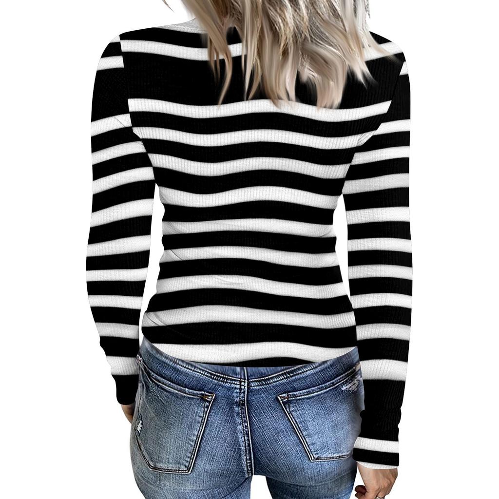 Women's Casual Fashion Round Neck Striped Print Long Sleeve Ribbed Top