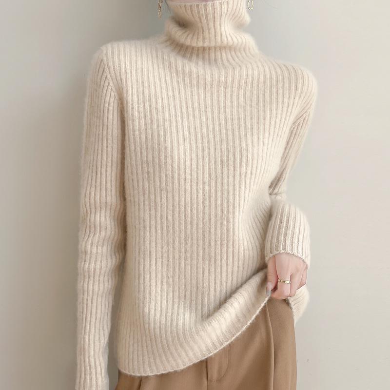 2025 Autumn/Winter High-Neck Pure Wool Ribbed Knitwear Loose Pullover Base Layer