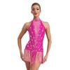 Leotardo de baile latino sin mangas para mujer, de malla transparente con patchwork, brillantes diamantes de imitación y borlas con flecos.