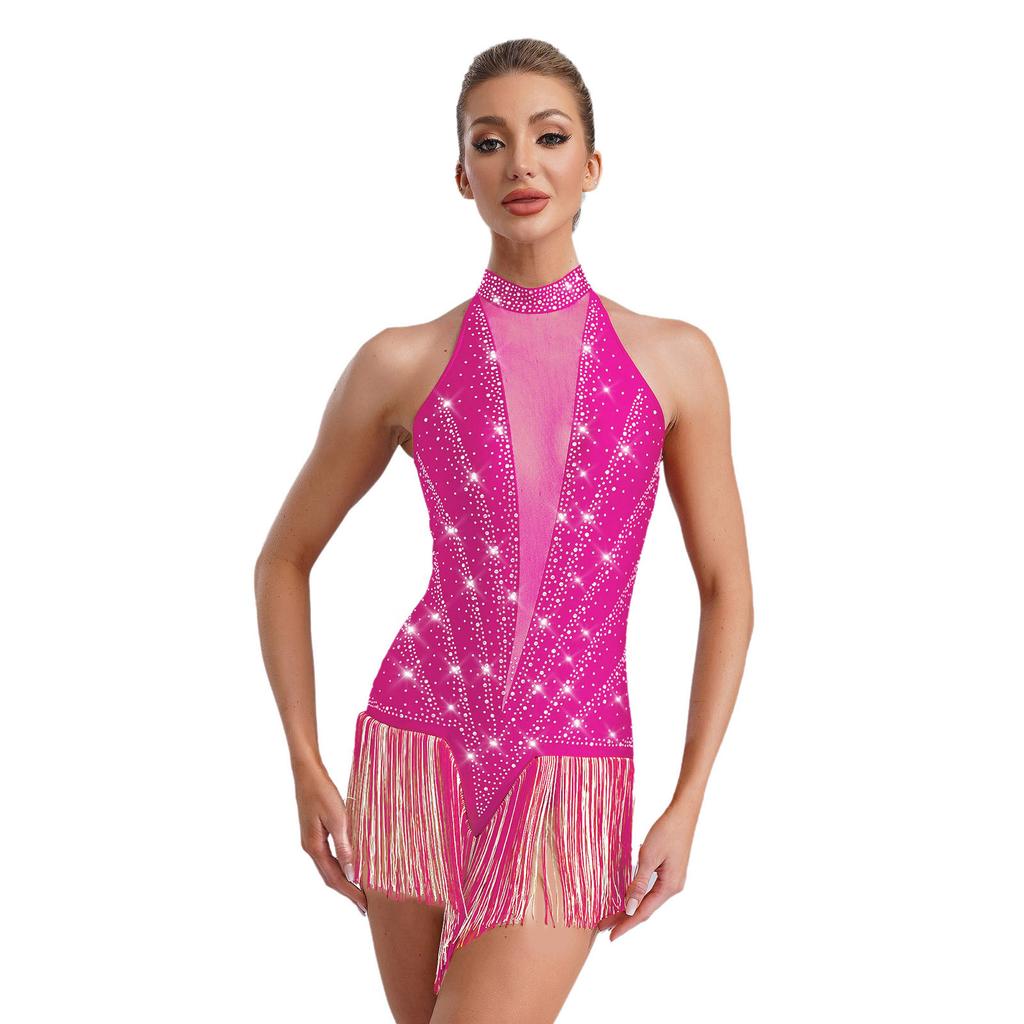 Leotardo de baile latino sin mangas para mujer, de malla transparente con patchwork, brillantes diamantes de imitación y borlas con flecos.