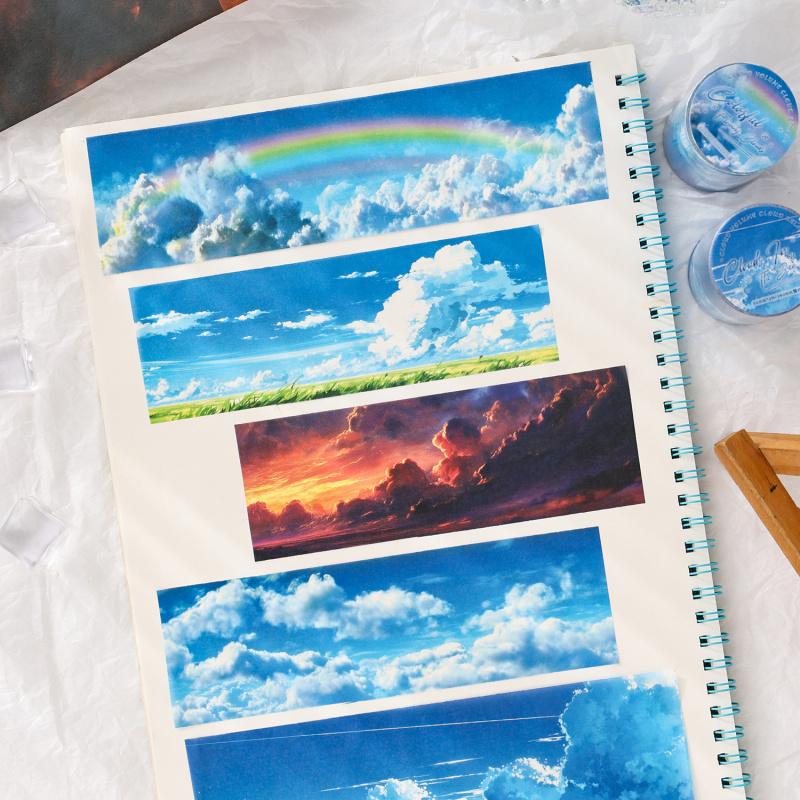 1-Roll Cloud & Sky Tape Stickers, Soft Pastel Designs, for Journal Decoration & DIY Crafts
