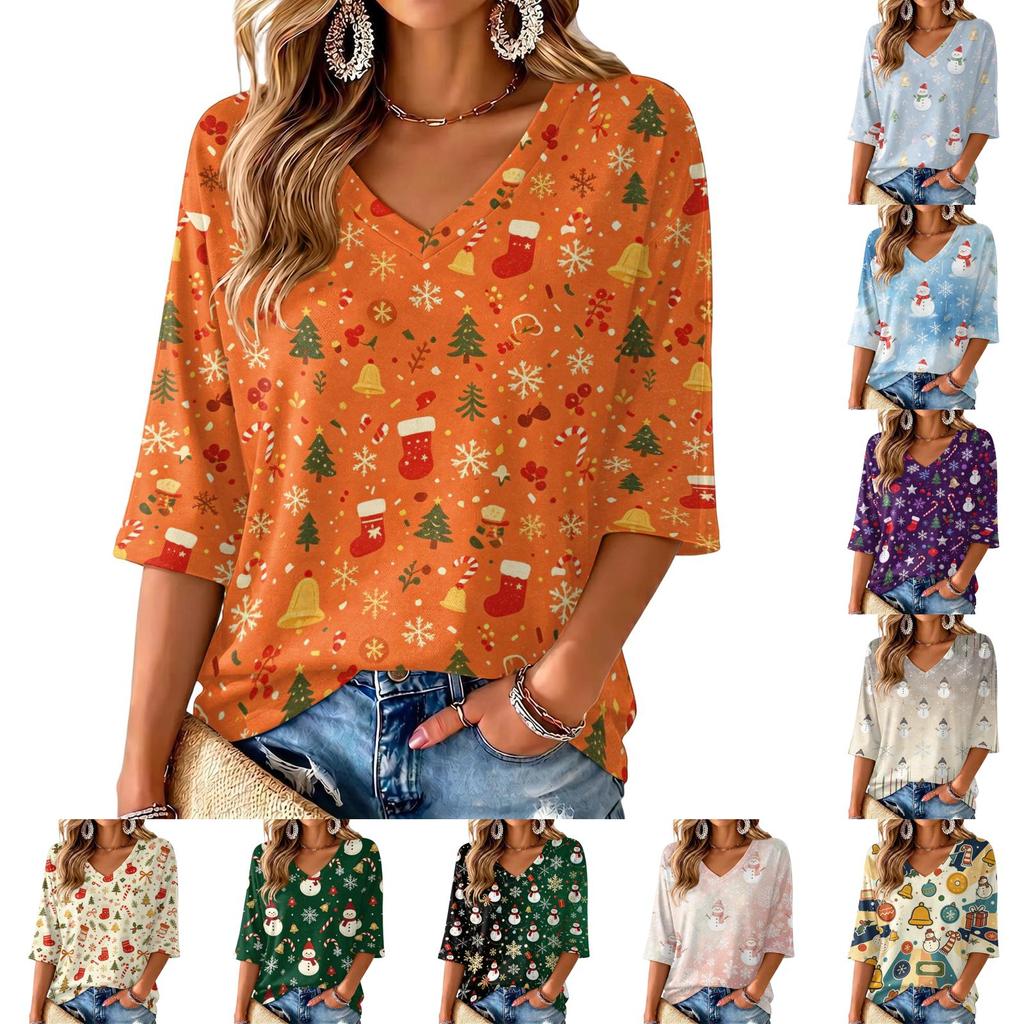 Top Casual da Donna con Scollo a V, Stampa Natalizia e Maniche a Tre Quarti