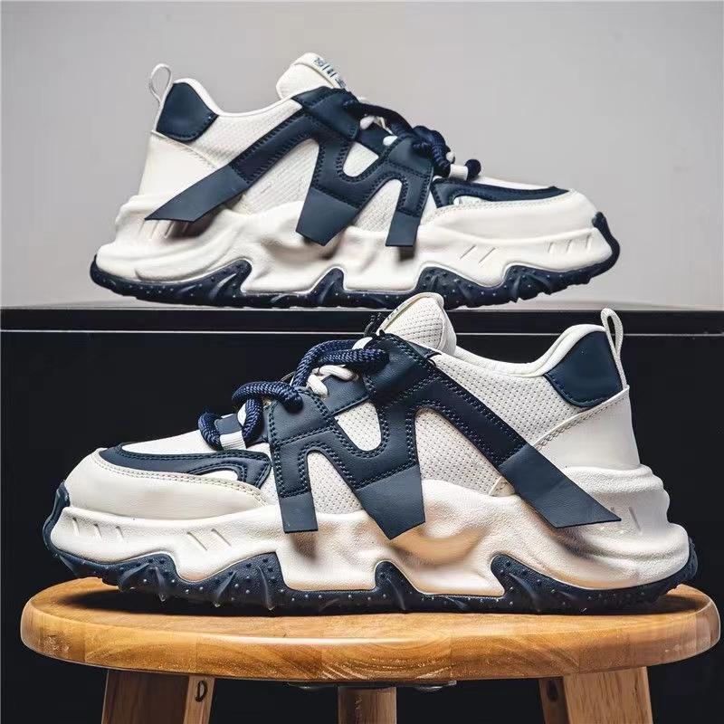 Fashion Chunky Sneakers Men Soft Sole Running Shoes Fashion Casual Leather Color Block Design Breathable Height Increased Platform Shoes