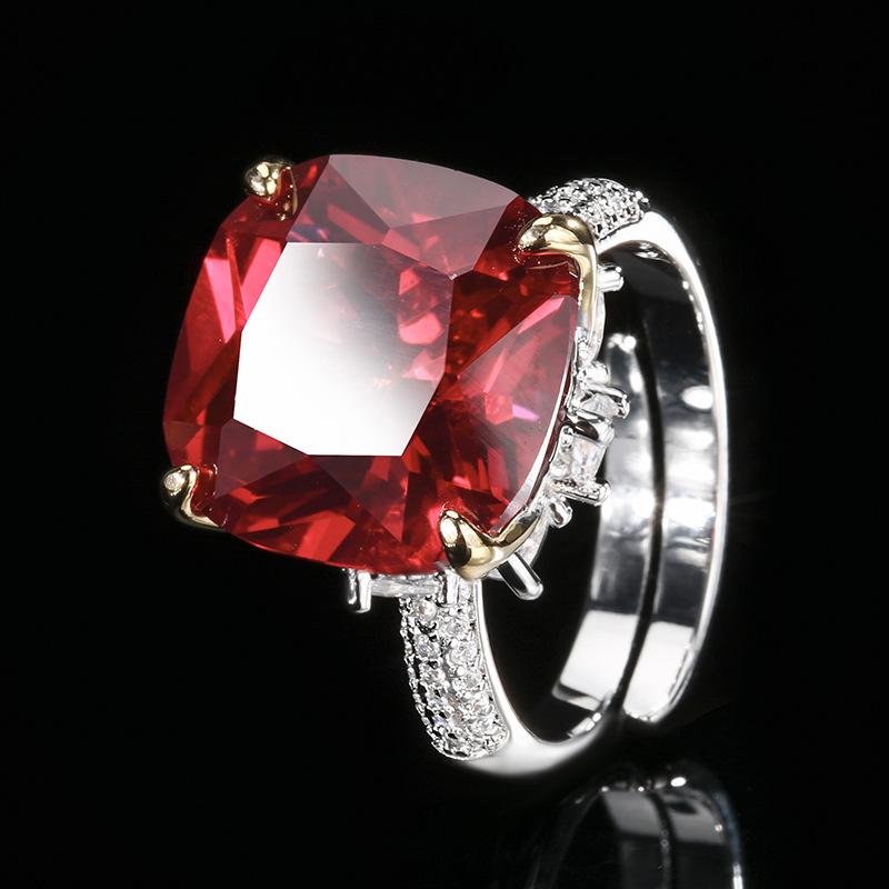 Autumn And Winter Jewelry Copper Bottom Gold-Plated Simulation Red Corundum Princess Square Light Luxury Ring Female 14 * 14