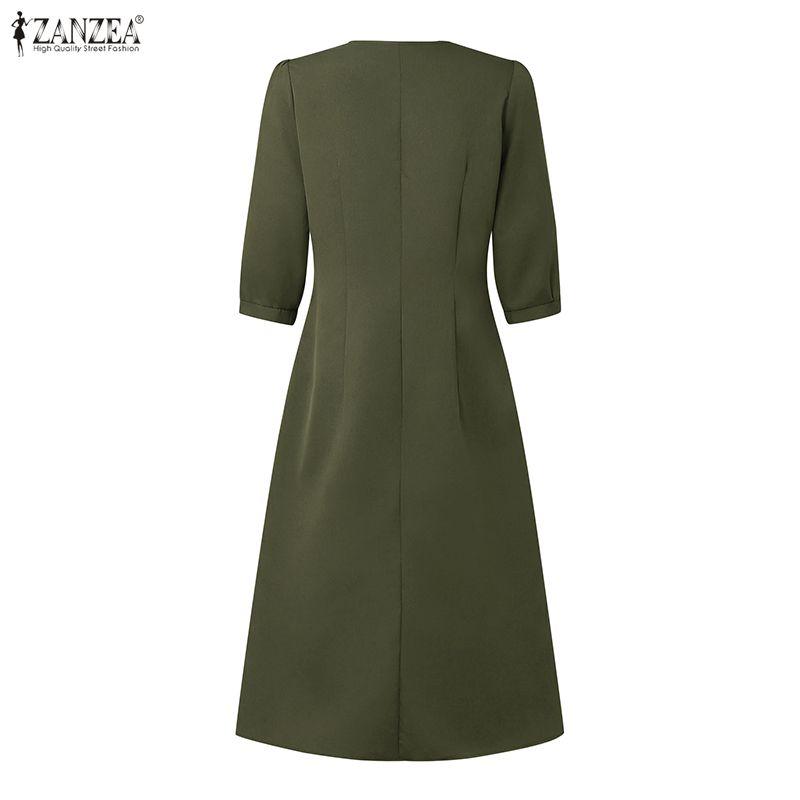 ZANZEA Women Casual V-Neck Solid Color Short Sleeve A-line Dress