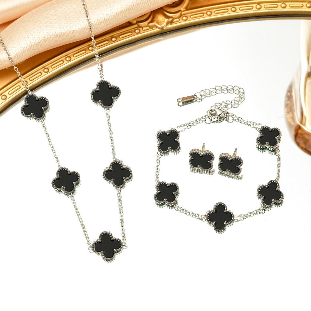 3PCS Titanium Steel Non Fading Double-sided Clover Necklace Bracelet Earring Set