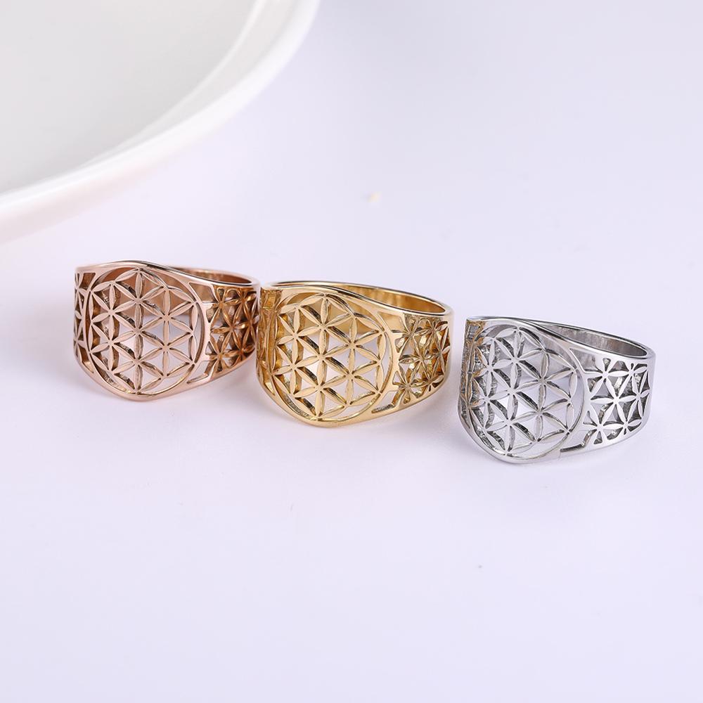Elegant Flower of Life Rings Vintage Stainless Steel Gold Sacred Geometry Women Ring Anniversary Gift