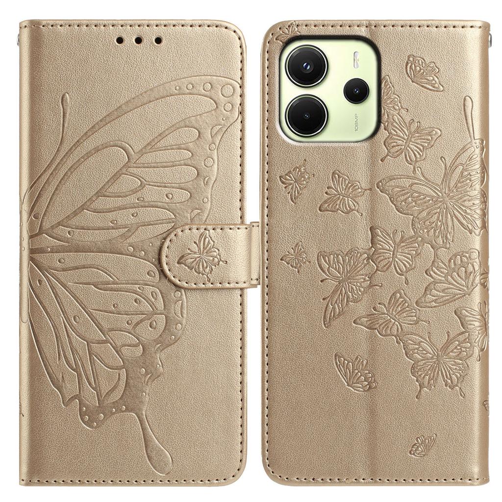 Für Xiaomi Redmi Note 14 4G (163,25 mm) Hülle Schmetterling geprägt Brieftasche Ständer PU Leder Klapphandyhülle mit Riemen