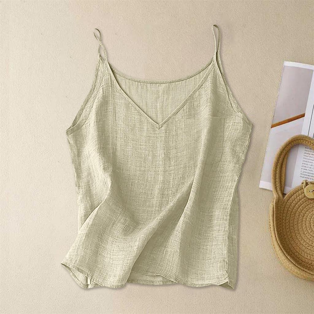 Women V Neck Sleeveless Tank Top Casual Loose Fit Linen Camisole with Pocket Design for Everyday Wear and Comfort