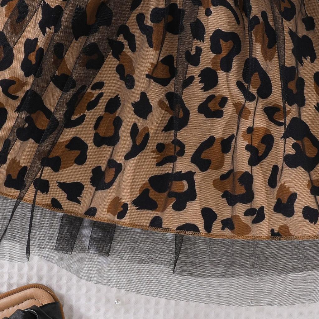 Kurzärmeliges Sommer-Mädchenkleid mit stilvollem Kinder-Patchwork-Leopardenmuster-Meshrock