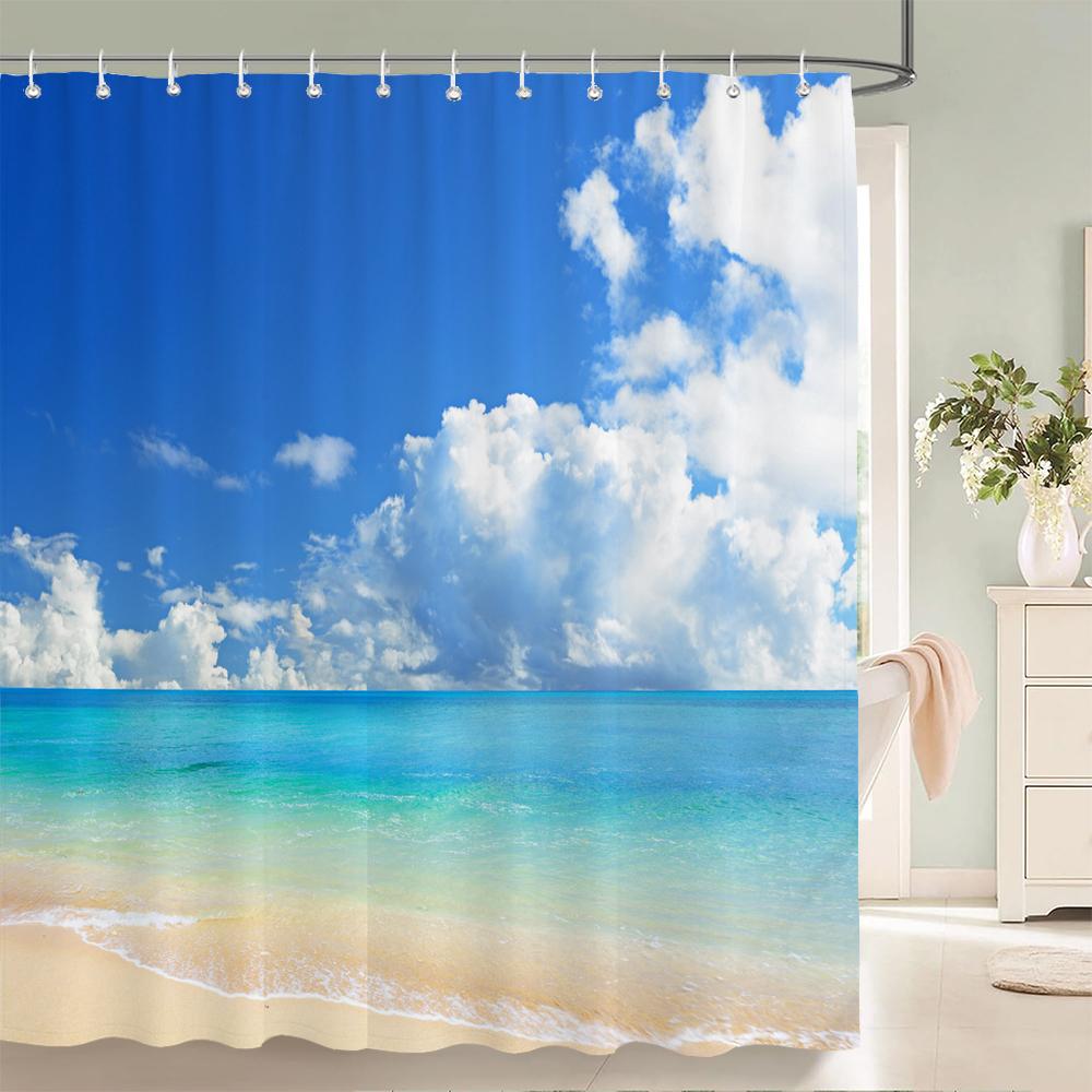 Sunshine Beach Shower Curtain,Ocean Shell Starfish Printing Polyester Fabric Bathroom Curtains for Home Decoration Curtain