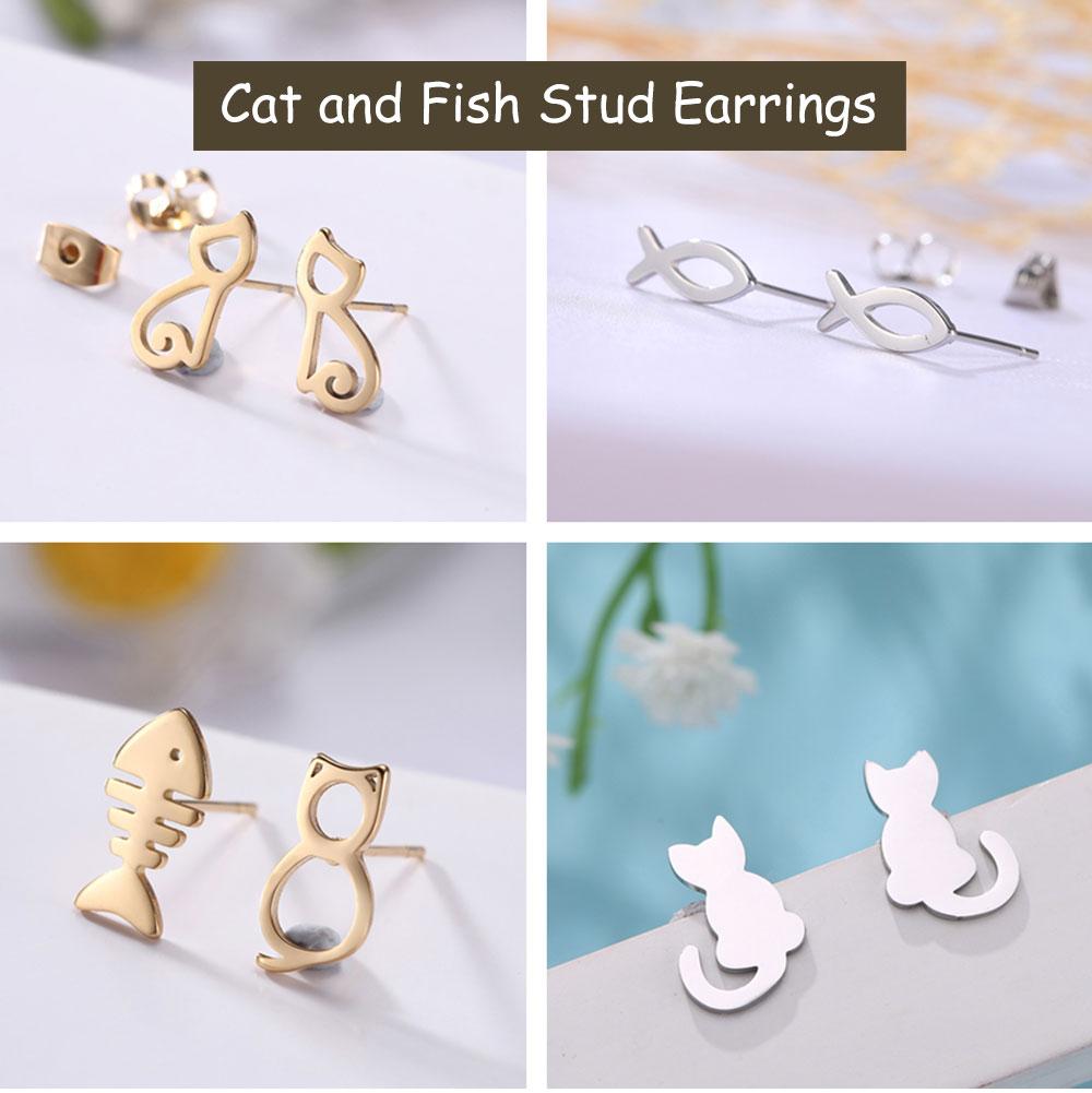 Cazador Cute Cat and Fish Bone Stud Earring Women Small Piercing Earrings Stainless Steel Jewelry Mother Gift 2026 Trend