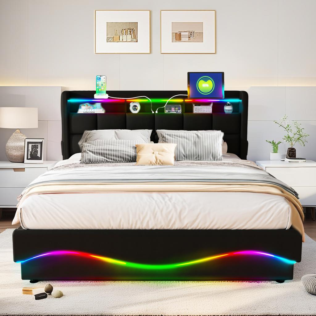 Leather Gas Lift Storage Bed with USB Type C Charging Music Sync LED Lights Queen Full Black White 300KG Capacity