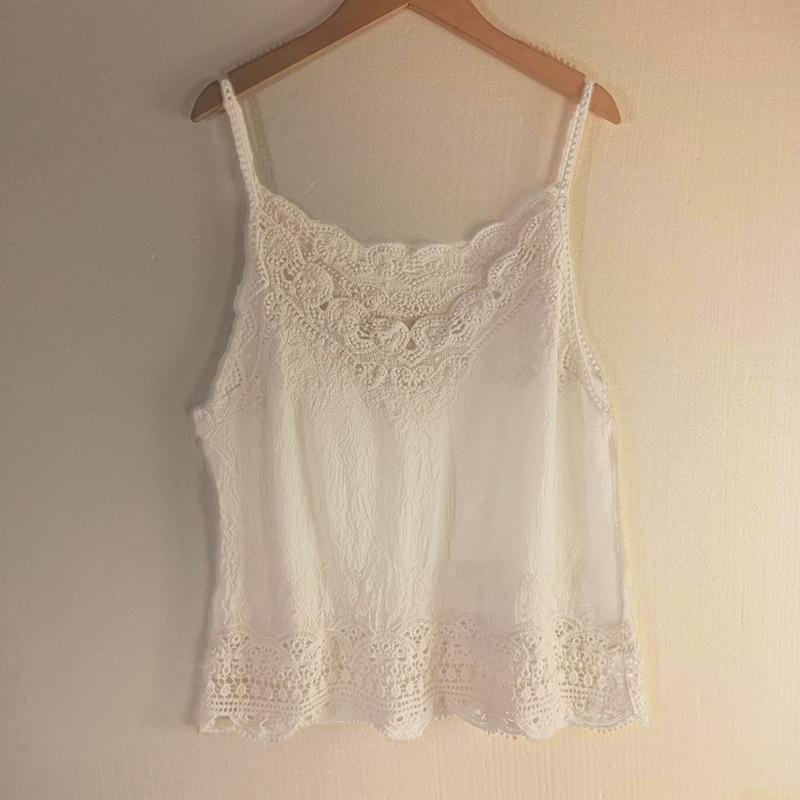 

Summer new literary and artistic style cotton and linen vest women s retro outer wear holiday suspender base embroidered lace hollow top One size fits all абрикосовий